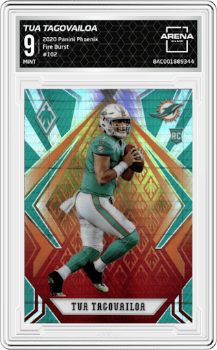 Tua Tagovailoa from the 2020 Panini Phoenix set featuring a Fire Burst parallel graded by Arena Club and given an overall grade of 9.