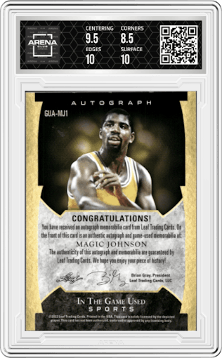 Magic Johnson from the 2022 Leaf In the Game Used Sports set featuring a Emerald parallel graded by Arena Club and given an overall grade of 9.