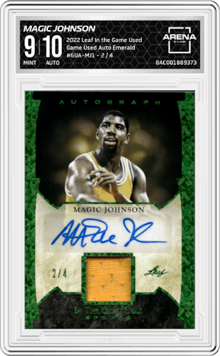 Magic Johnson from the 2022 Leaf In the Game Used Sports set featuring a Emerald parallel graded by Arena Club and given an overall grade of 9.