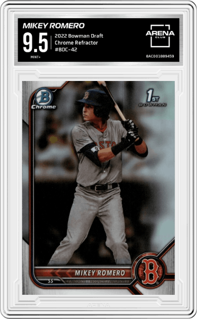 Mikey Romero  from the 2022 Bowman Draft set featuring a Refractor parallel graded by Arena Club and given an overall grade of 9.5.