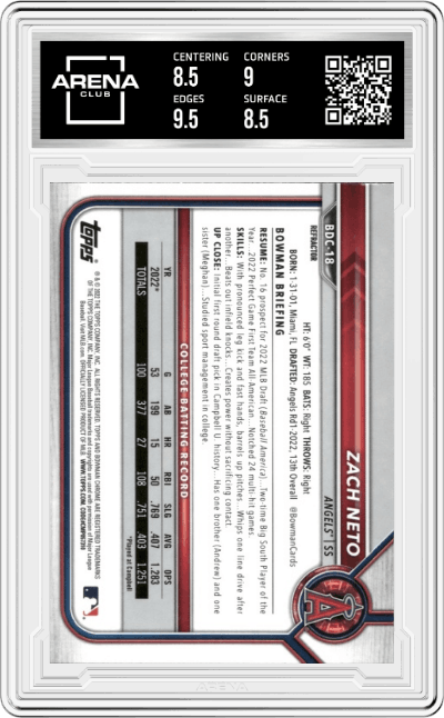 Zach Neto from the 2022 Bowman Draft set featuring a Refractor parallel graded by Arena Club and given an overall grade of 9.