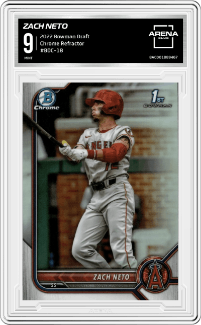 Zach Neto from the 2022 Bowman Draft set featuring a Refractor parallel graded by Arena Club and given an overall grade of 9.