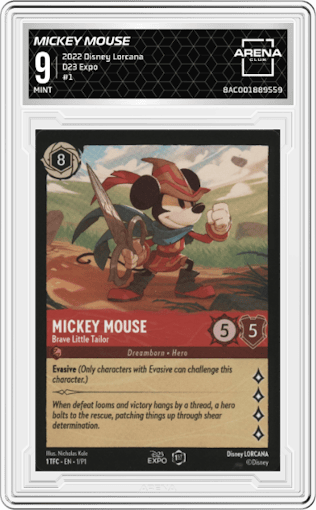 Mickey Mouse from the 2022 Disney Lorcana set graded by Arena Club and given an overall grade of 9.