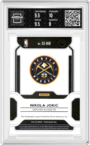 Nikola Jokic from the 2021-22 Panini Prizm  set graded by Arena Club and given an overall grade of 8.5.
