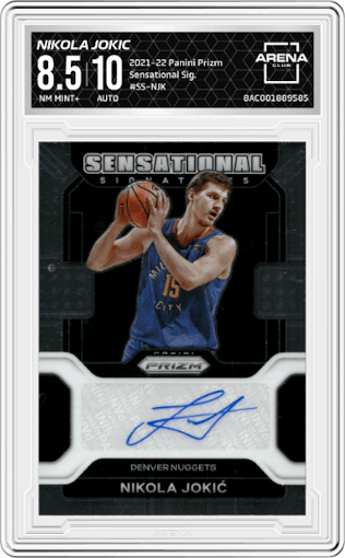 Nikola Jokic from the 2021-22 Panini Prizm  set graded by Arena Club and given an overall grade of 8.5.
