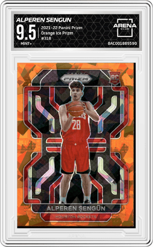 Alperen Sengun from the 2021-22 Panini Prizm  set featuring a Orange Ice parallel graded by Arena Club and given an overall grade of 9.5.