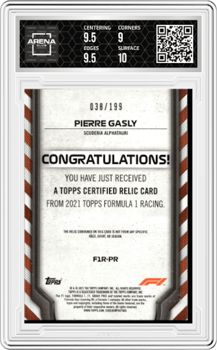 Pierre Gasly from the 2021 Topps F1 set graded by Arena Club and given an overall grade of 9.5.