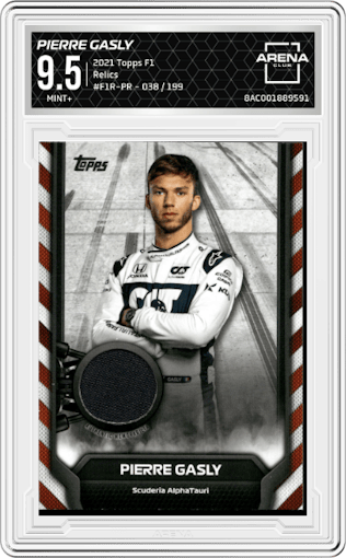 Pierre Gasly from the 2021 Topps F1 set graded by Arena Club and given an overall grade of 9.5.