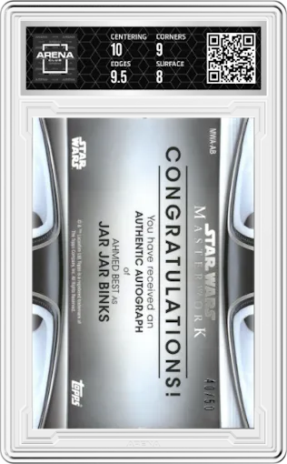 Ahmed Best as Jar Jar Binks from the 2021 Topps Star Wars Masterwork  set featuring a Rainbow Foil parallel graded by Arena Club and given an overall grade of 8.5.