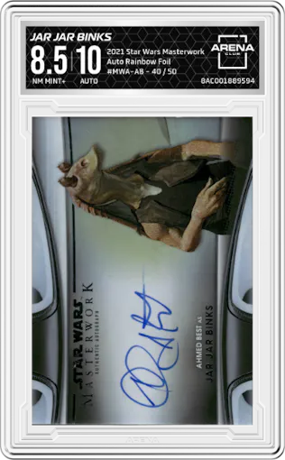 Ahmed Best as Jar Jar Binks from the 2021 Topps Star Wars Masterwork  set featuring a Rainbow Foil parallel graded by Arena Club and given an overall grade of 8.5.