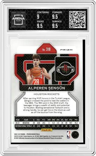 Alperen Sengun from the 2021-22 Panini Prizm  set featuring a Silver Prizm parallel graded by Arena Club and given an overall grade of 9.5.