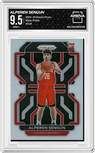 Alperen Sengun from the 2021-22 Panini Prizm  set featuring a Silver Prizm parallel graded by Arena Club and given an overall grade of 9.5.