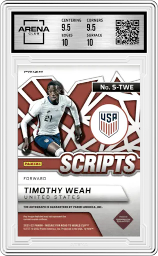 Timothy Weah  from the 2021-22 Panini Mosaic Road to FIFA World Cup set featuring a Silver Mosaic  parallel graded by Arena Club and given an overall grade of 10.