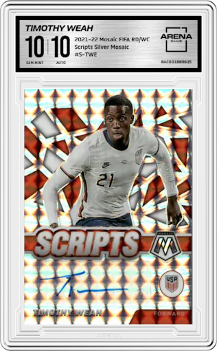 Timothy Weah  from the 2021-22 Panini Mosaic Road to FIFA World Cup set featuring a Silver Mosaic  parallel graded by Arena Club and given an overall grade of 10.
