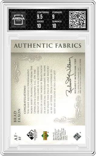 Brad Faxon from the 2004 Upper Deck SP Signature set graded by Arena Club and given an overall grade of 9.5.