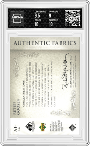 Retief Goosen from the 2004 SP Signature set graded by Arena Club and given an overall grade of 9.5.