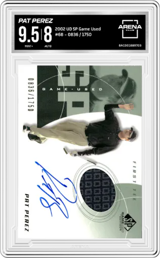Pat Perez from the 2002 SP Game Used  set graded by Arena Club and given an overall grade of 9.5.