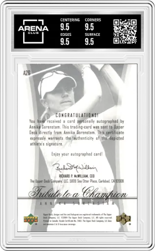Annika Sorenstam from the 2004 Upper Deck SP Signature set graded by Arena Club and given an overall grade of 9.5.