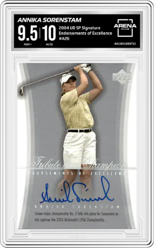 Annika Sorenstam from the 2004 Upper Deck SP Signature set graded by Arena Club and given an overall grade of 9.5.