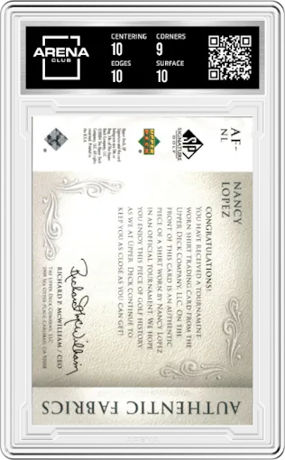Nancy Lopez from the 2004 Upper Deck SP Signature set graded by Arena Club and given an overall grade of 9.5.
