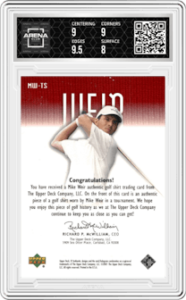 Mike Weir from the 2001 Upper Deck SP Authentic set featuring a Red parallel graded by Arena Club and given an overall grade of 8.5.