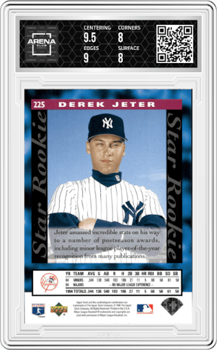 Derek Jeter from the 1995 Upper Deck set graded by Arena Club and given an overall grade of 8.5.