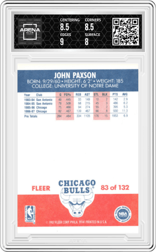 John Paxson from the 1987-88 Fleer set graded by Arena Club and given an overall grade of 8.5.