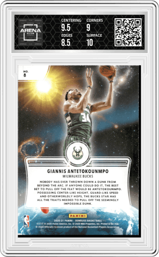 Giannis Antetokounmpo from the 2020-21 Panini Donruss set graded by Arena Club and given an overall grade of 9.