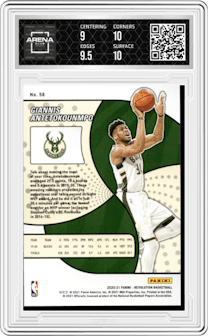Giannis Antetokounmpo from the 2020-21 Panini Revolution set graded by Arena Club and given an overall grade of 9.5.