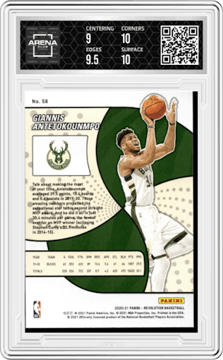 Giannis Antetokounmpo from the 2020-21 Panini Revolution set graded by Arena Club and given an overall grade of 9.5.