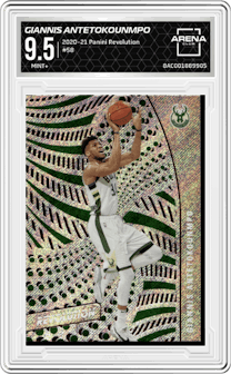 Giannis Antetokounmpo from the 2020-21 Panini Revolution set graded by Arena Club and given an overall grade of 9.5.