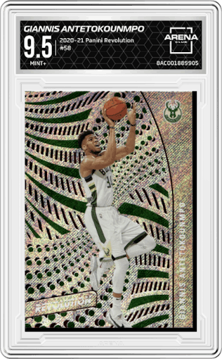 Giannis Antetokounmpo from the 2020-21 Panini Revolution set graded by Arena Club and given an overall grade of 9.5.