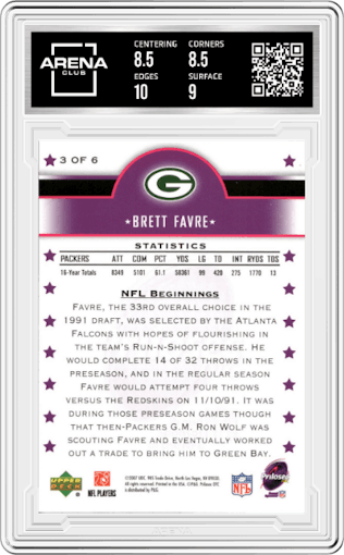Brett Favre from the 2007 Upper Deck Prilosec Brett Favre Evolution of a Football Legend set graded by Arena Club and given an overall grade of 9.