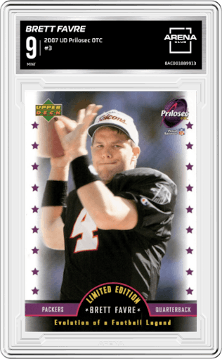 Brett Favre from the 2007 Upper Deck Prilosec Brett Favre Evolution of a Football Legend set graded by Arena Club and given an overall grade of 9.