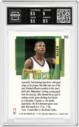 Ray Allen from the 1996-97 Fleer Ultra set graded by Arena Club and given an overall grade of 9.