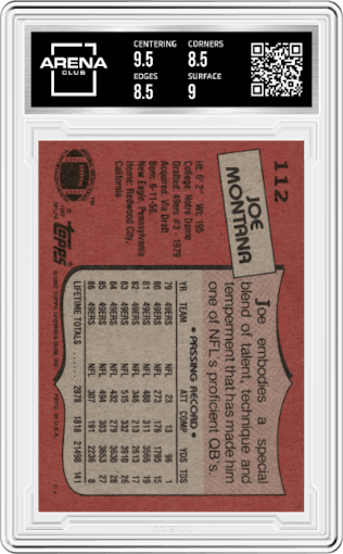 Joe Montana from the 1987 Topps set graded by Arena Club and given an overall grade of 9.