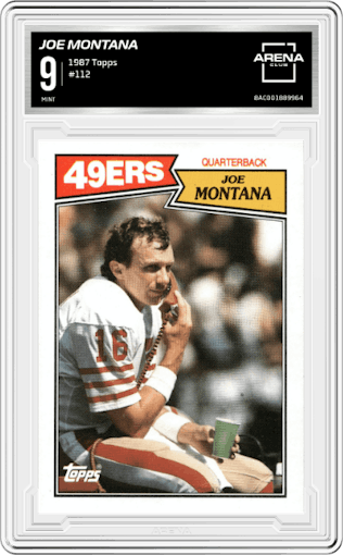 Joe Montana from the 1987 Topps set graded by Arena Club and given an overall grade of 9.