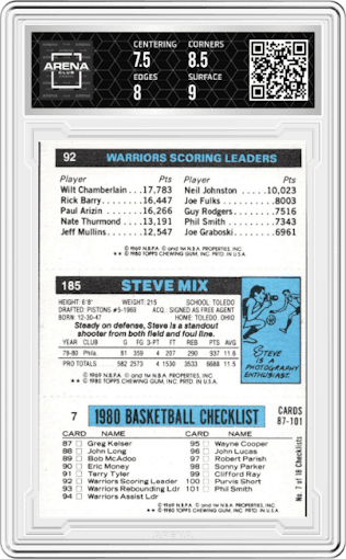 Moses Malone/Steve Mix/Robert Parish from the 1980-81 Topps set graded by Arena Club and given an overall grade of 8.