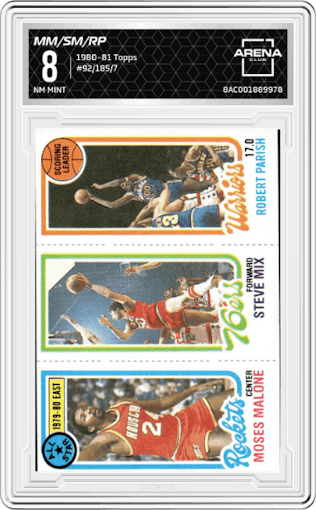 Moses Malone/Steve Mix/Robert Parish from the 1980-81 Topps set graded by Arena Club and given an overall grade of 8.