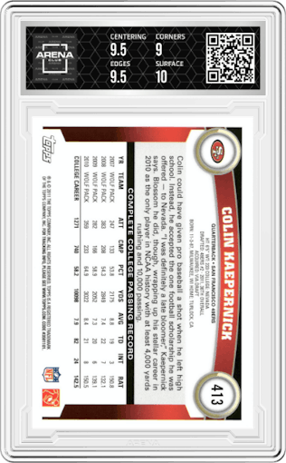 Colin Kaepernick from the 2011 Topps set graded by Arena Club and given an overall grade of 9.5.