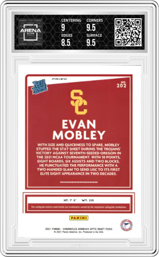 Evan Mobley from the 2021-22 Panini Chronicles Draft Picks set featuring a Black parallel graded by Arena Club and given an overall grade of 9.