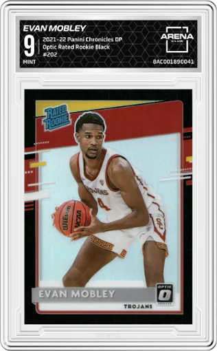 Evan Mobley from the 2021-22 Panini Chronicles Draft Picks set featuring a Black parallel graded by Arena Club and given an overall grade of 9.