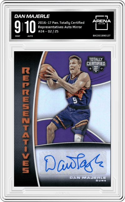 Dan Majerle from the 2016-17 Panini Totally Certified set featuring a  Mirror parallel graded by Arena Club and given an overall grade of 9.