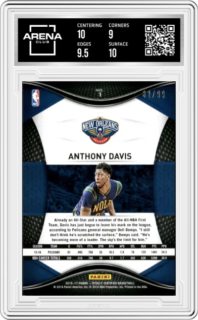 Anthony Davis from the 2016-17 Panini Totally Certified set featuring a Blue parallel graded by Arena Club and given an overall grade of 9.5.