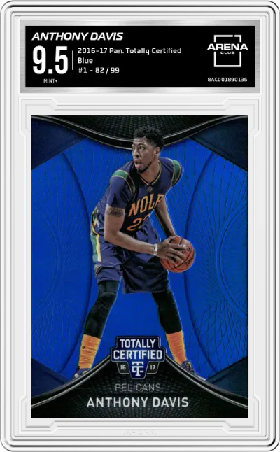 Anthony Davis from the 2016-17 Panini Totally Certified set featuring a Blue parallel graded by Arena Club and given an overall grade of 9.5.