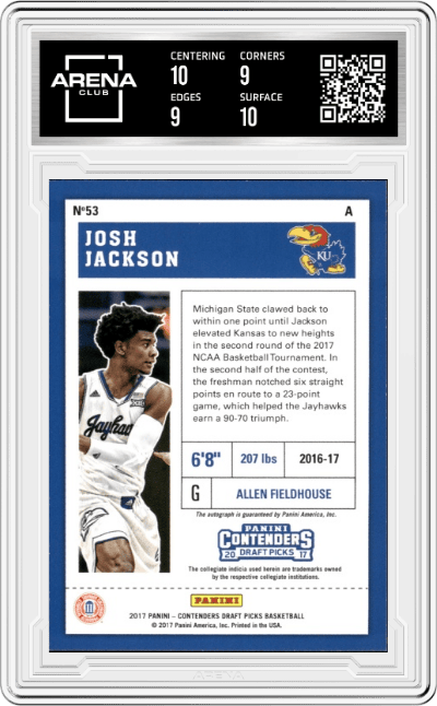 Josh Jackson from the 2017-18 Panini Contenders Draft Picks set featuring a Cracked Ice parallel graded by Arena Club and given an overall grade of 9.5.