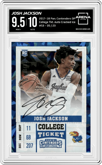Josh Jackson from the 2017-18 Panini Contenders Draft Picks set featuring a Cracked Ice parallel graded by Arena Club and given an overall grade of 9.5.