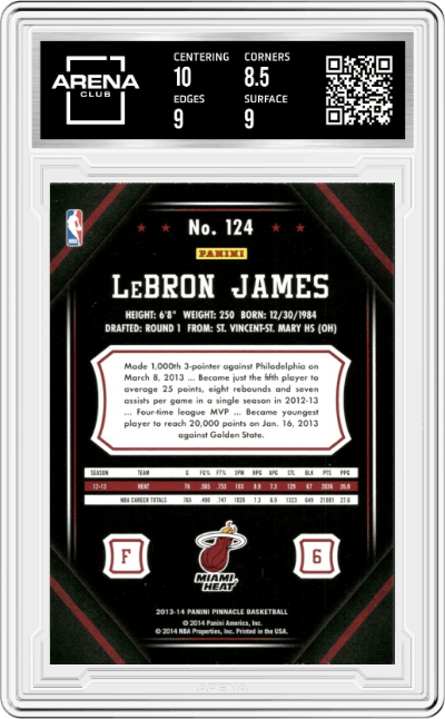 LeBron James from the 2013-14 Panini Pinnacle set graded by Arena Club and given an overall grade of 9.