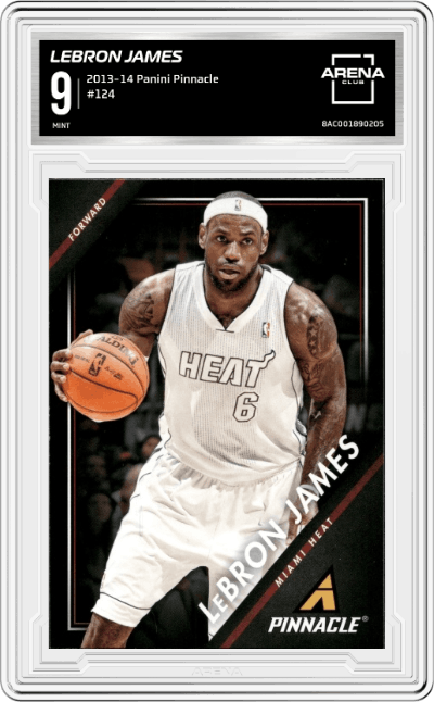LeBron James from the 2013-14 Panini Pinnacle set graded by Arena Club and given an overall grade of 9.