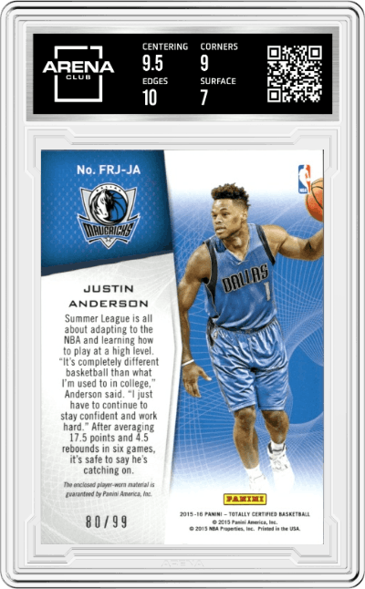 Justin Anderson from the 2015-16 Panini Totally Certified set featuring a Blue parallel graded by Arena Club and given an overall grade of 7.5.
